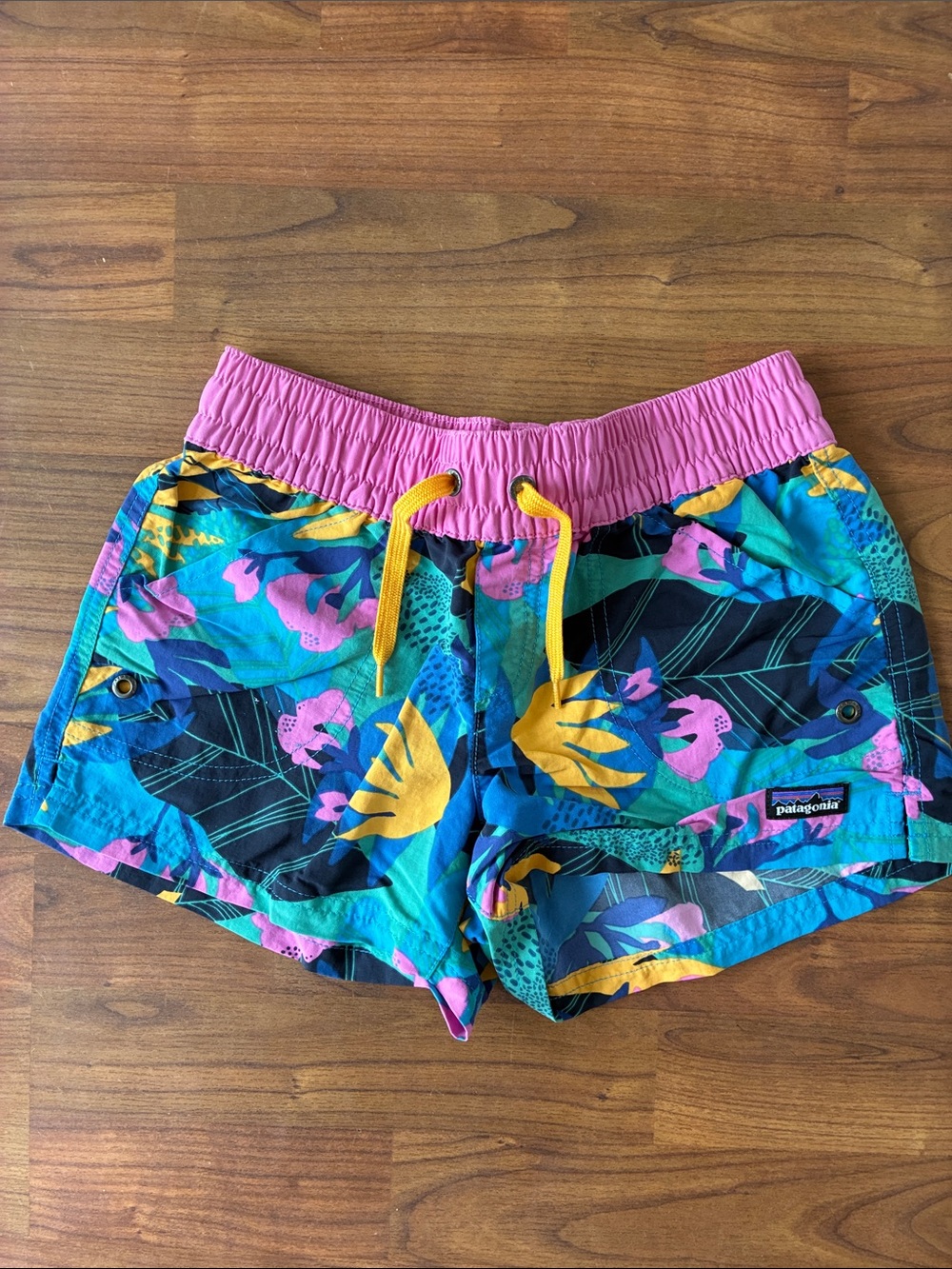 Patagonia Bright Tropical Print Kids Shorts with Pink Waistband
